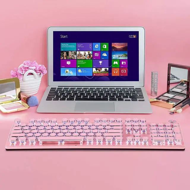 Alt view image 5 of 7 - Retro Steampunk Typewriter-Style Gaming Keyboard, Blue Switches,Pure White Backlight, USB Wired, for PC Laptop Desktop Computer, for Game and Office, Stylish Pink Mechanical Keyboard Round Keycaps