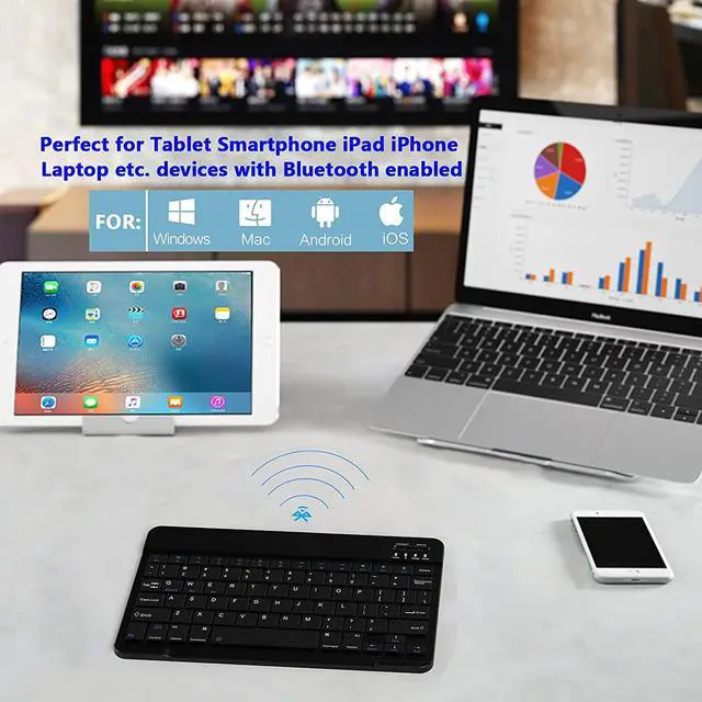 Alt view image 2 of 7 - Ultra-Slim Small Bluetooth Keyboard Portable Rechargeable External Cordless Wireless Keyboard for Android Tablet Cell Phone Samsung Smartphone iPad Mini Air Pro iPhone Windows Surface (Black)