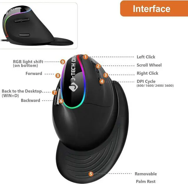 Alt view image 3 of 7 - J-Tech Digital Ergonomic Mouse with Wired Connection, Removable Palm Rest, Thumb Buttons, 800, 1200, 1800, 3200 Adjustable DPI; Compatible with Windows and MAC OS [V638R]
