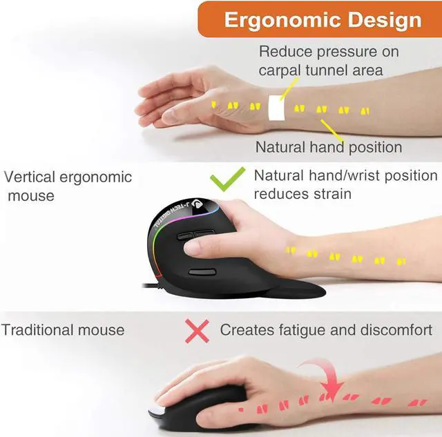 Alt view image 5 of 7 - J-Tech Digital Ergonomic Mouse with Wired Connection, Removable Palm Rest, Thumb Buttons, 800, 1200, 1800, 3200 Adjustable DPI; Compatible with Windows and MAC OS [V638R]