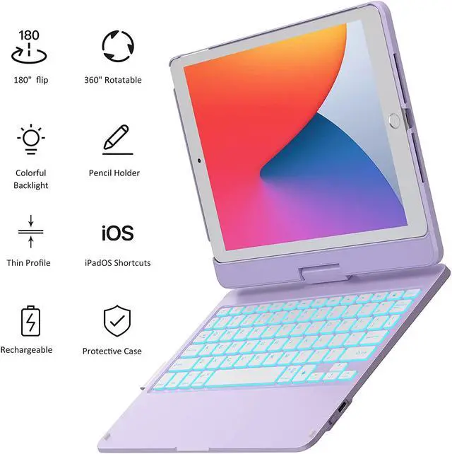 Alt view image 5 of 7 - iPad 9th Generation Case with Keyboard, CHESONA 360° Rotatable, 7 Color Backlit, Slim Cover, Apple Pencil Holder, Keyboard for iPad (8th/7th Gen 10.2 Inch), iPad Air 3rd Gen, iPad Pro 10.5 inch Purple