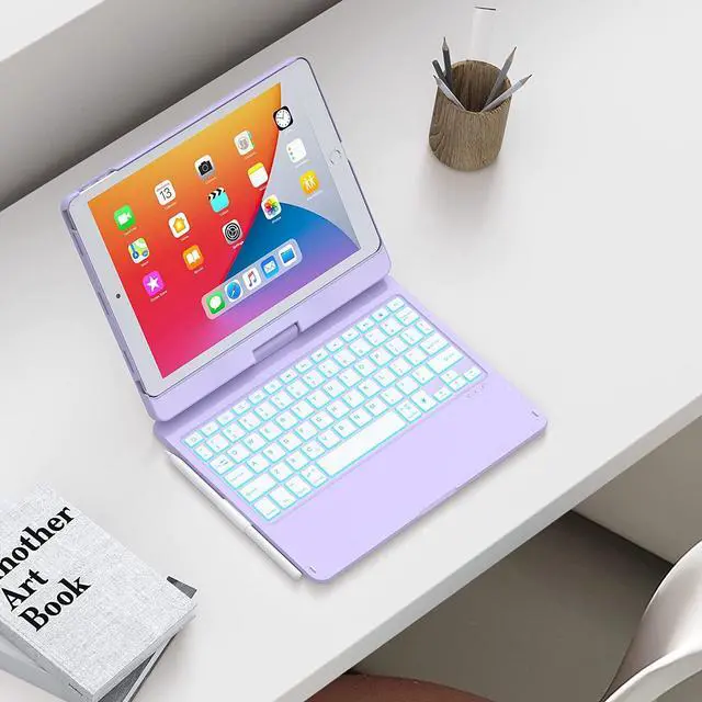 Alt view image 7 of 7 - iPad 9th Generation Case with Keyboard, CHESONA 360° Rotatable, 7 Color Backlit, Slim Cover, Apple Pencil Holder, Keyboard for iPad (8th/7th Gen 10.2 Inch), iPad Air 3rd Gen, iPad Pro 10.5 inch Purple