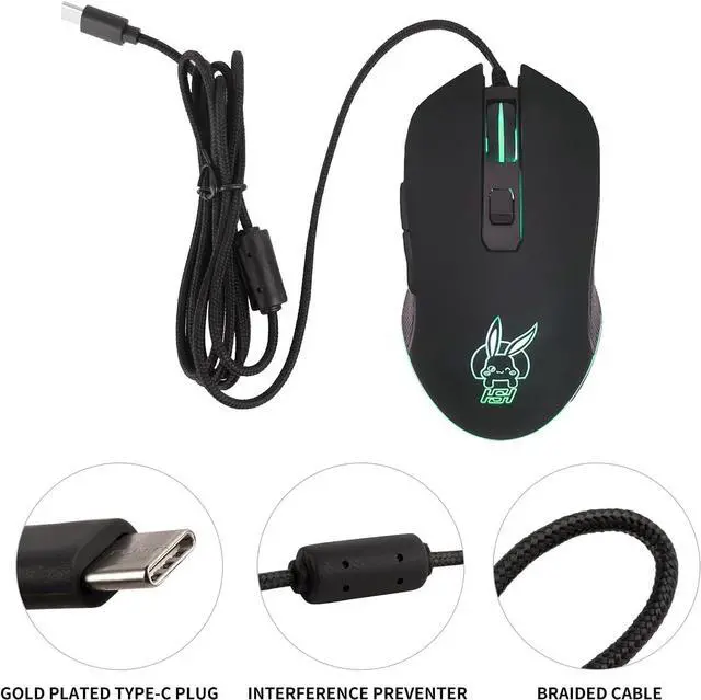 Alt view image 6 of 6 - Wired USB C Gaming Mouse, Silent RGB Gaming Mice 7 Colors Backlit, 2400 DPI, Type C RGB Wired Mouse Gaming for Office Home PC and Notebook and All Type-C Device (Black)