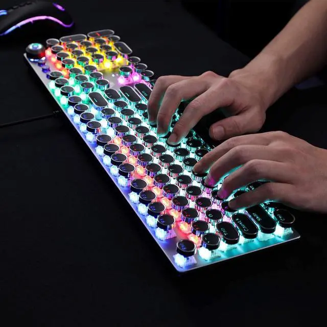 Alt view image 5 of 6 - AULA F2088 Typewriter Style Mechanical Gaming Keyboard Blue Switch, with Removable Wrist Rest, Media Control Knob, Rainbow Backlit, Retro Punk Round Keycaps, Full Size USB Wired Computer Keyboards