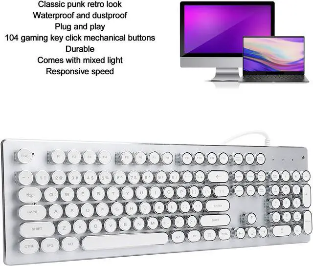 Alt view image 4 of 7 - HJK920 Universal Mechanical Computer Keyboard, Gaming Wired Classic Retro Punk Mechanical Keyboard, Ergonomic Keyboard with Mixed Backlight, 104 Round Keys(White)