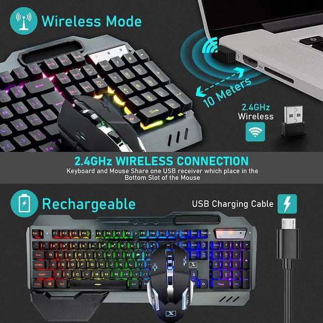Alt view image 5 of 7 - Wireless Gaming Keyboard and Mouse with Rainbow LED 16RGB Backlit Rechargeable 4800mAh Battery Metal Panel Mechanical Ergonomic Feel Waterproof Dustproof 7 Color Mute Mice for Laptop PC Gamer(Black)