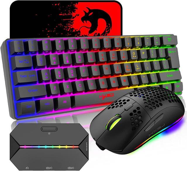 4 in 1 Wireless Gaming Keyboard Mouse and with RGB Backlit Mini 61Key Ergonomic Honeycomb Shell 2.4Ghz USB Receiver Bluetooth Wired Adapter for PS4 PS3 Xbox Switch PC Mac Gamer Typist(Black)
