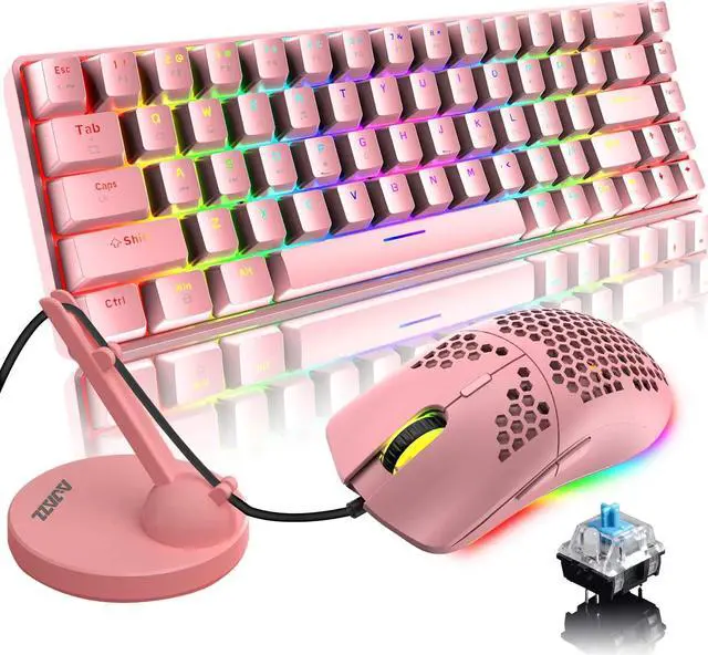 Main image of LexonElec 60% Mechanical Gaming Keyboard and Mouse Combo with Mouse Bungee Mouse Pad,Mini 68 Keys Wired Type C 18 Backlit Effects,Lightweight RGB 6400DPI Honeycomb Mice(Pink/Blue Switch)