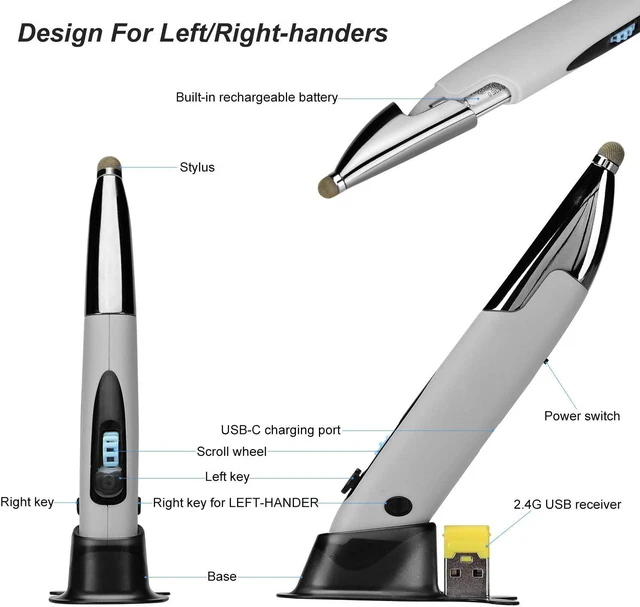 Alt view image 3 of 7 - lychee Rechargeable Pocket Pen Mouse, Left/Right-Handed Wireless Optical Ergonomic Mouse with Stylus Function RGB Backlit Type-C & Micro USB Adapter for PC Laptop Notebook Mac (Grey)