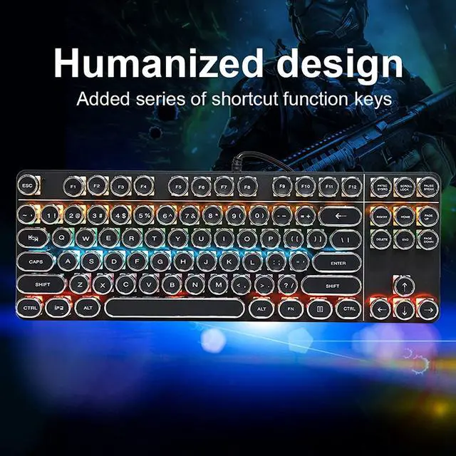 Alt view image 2 of 7 - LOCADENCE Typewriter Style Gaming Keyboard, 917 Punk Mechanical Keyboard with Vintage Round Cap, Rainbow LED Backlit USB Wired Computer Keyboard for PUBG Internet Cafes