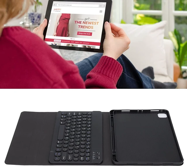 Alt view image 7 of 7 - Hozee Wireless Keyboard, Strong Durable Waterproof Dustproof Laptop Keyboard for iOS Tablet Pro 11in(Black Round hat Keyboard + Leather case)