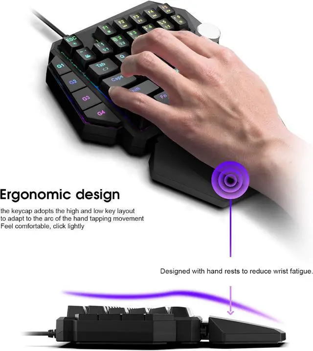 Alt view image 4 of 7 - One Handed Gaming Mechanical Keyboard, USB Wired LED RGB Backlight Single Hand Ergonomic E-Sports Game Keypad 44 Keys for Desktop Notebook Tablet Game Console, Default