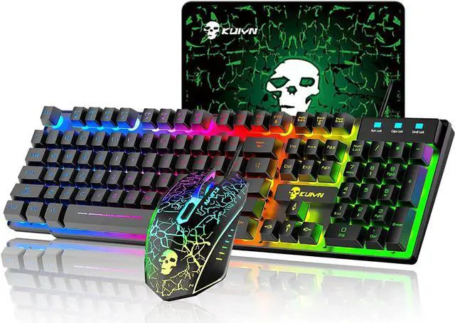 Main image of Gaming Keyboard and Mouse Combo,RGB Rainbow Backlit Keyboard with PC Wired Keyboard+2400DPI 6 Buttons Rainbow LED Gaming Mouse+Mouse Pads for PC PS4 (Black)