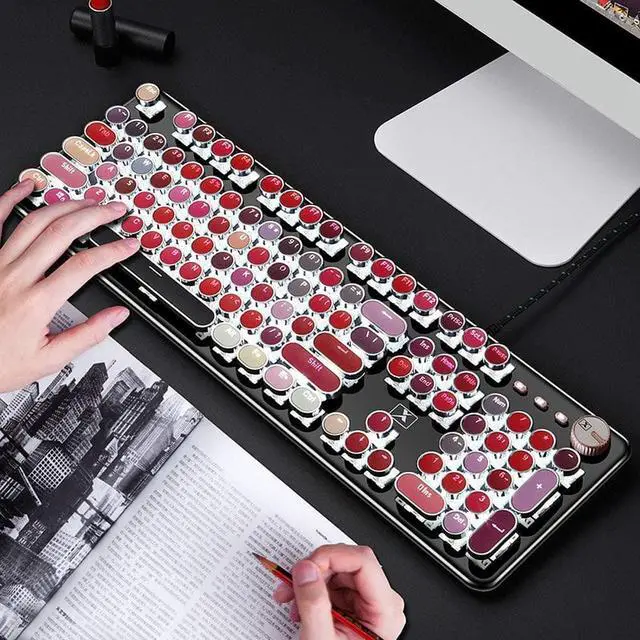 Alt view image 2 of 7 - CORN K520 Lipstick Typewriter Mechanical Gaming Keyboard, Metal Panel Round Retro Backlit 104 Keys Blue Switch Wired Cute Keyboard for Windows/Mac/PC