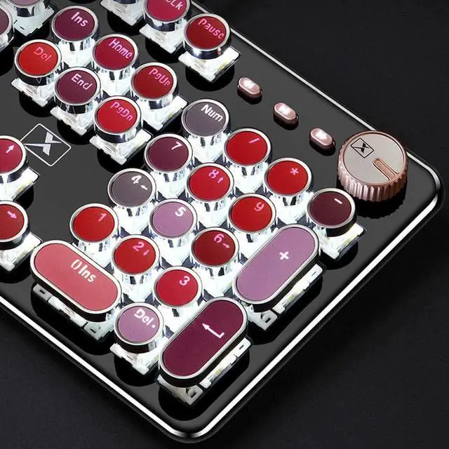 Alt view image 5 of 7 - CORN K520 Lipstick Typewriter Mechanical Gaming Keyboard, Metal Panel Round Retro Backlit 104 Keys Blue Switch Wired Cute Keyboard for Windows/Mac/PC