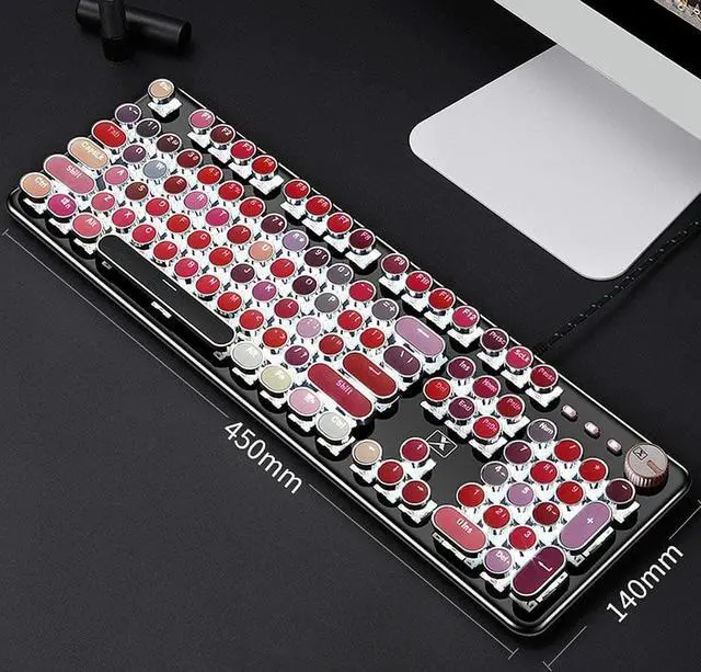 Alt view image 6 of 7 - CORN K520 Lipstick Typewriter Mechanical Gaming Keyboard, Metal Panel Round Retro Backlit 104 Keys Blue Switch Wired Cute Keyboard for Windows/Mac/PC