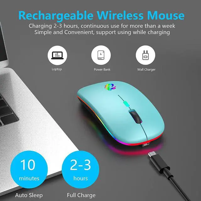 Alt view image 2 of 7 - LED Wireless Mouse, Rechargeable Slim Silent Mice 2.4G Portable Office Optical Mouse with USB Receiver and Type-C Adapter, 3 Adjustable DPI for Laptop, Computer, PC, Notebook, Desktop(Lake Blue)