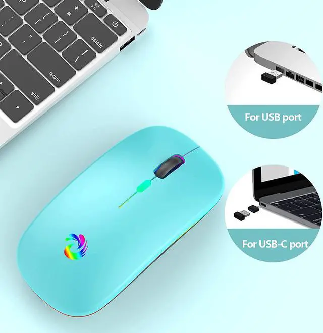 Alt view image 6 of 7 - LED Wireless Mouse, Rechargeable Slim Silent Mice 2.4G Portable Office Optical Mouse with USB Receiver and Type-C Adapter, 3 Adjustable DPI for Laptop, Computer, PC, Notebook, Desktop(Lake Blue)