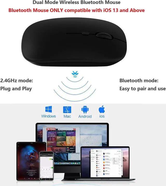 Alt view image 2 of 7 - Wireless Bluetooth Mouse for Apple iPad iPhone MacBook Android Samsung Tablet Phone Dual-Mode Rechargeable 2.4G Portable Computer Mice for Windows Laptop Notebook PC Mac Desktop USB Receiver (Black)