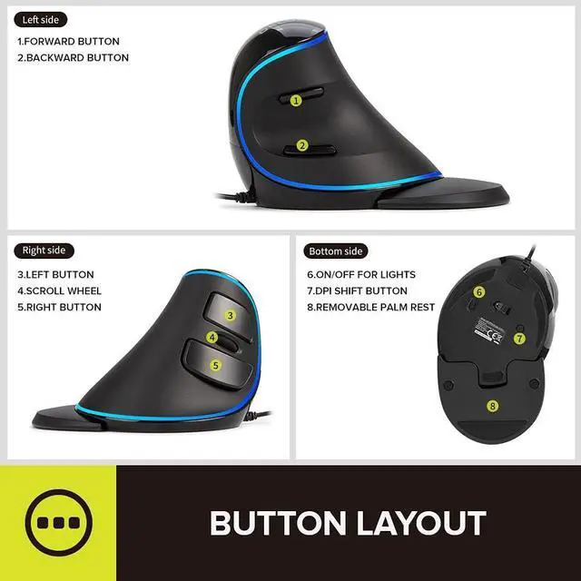 Alt view image 3 of 7 - DELUX Wired Ergonomic Mouse with 7200DPI, Vertical Mouse Large with 6 Programmble Buttons, Blue LED Light, On-Board Software and Removable Palm Rest for PC Computer Laptop(M618PU-Black)