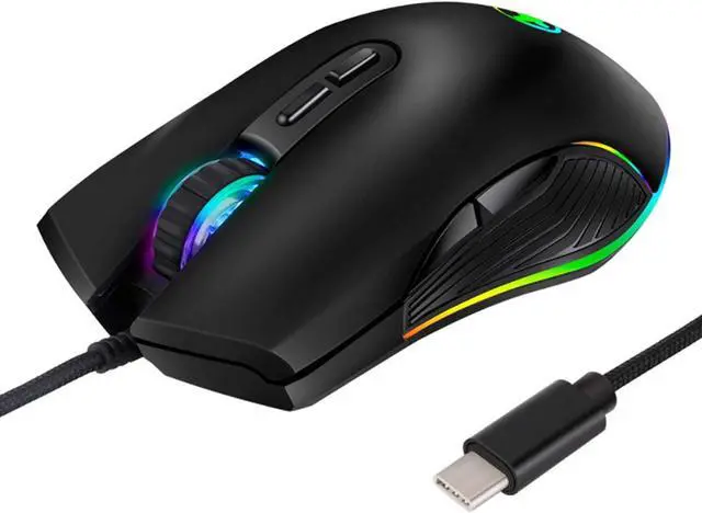 Main image of FIRSTMEMORY USB C Ergonomic Wired RGB Gaming Mouse - Optical with Adjustable DPI 800/1600/2400/3200 - Compatible with Notebook, PC, Laptop, MacBook and All Type-C Devices (Black)