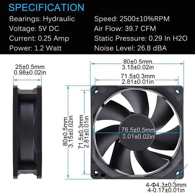 Alt view image 5 of 7 - GDSTIME 80mm USB Fan, 80mm x 25mm 8025 Brushless Computer Case Cooling Fan