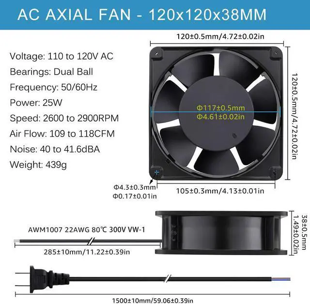 Alt view image 2 of 7 - GDSTIME AXIAL Fan 12038, 110V 120V AC 120mm Fan, Ventilation Exhaust Projects Cooling Fan
