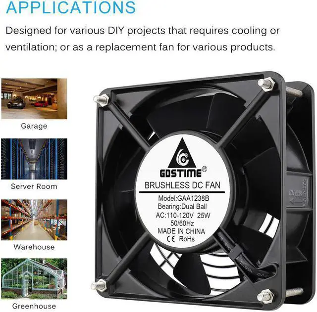 Alt view image 3 of 7 - GDSTIME AXIAL Fan 12038, 110V 120V AC 120mm Fan, Ventilation Exhaust Projects Cooling Fan
