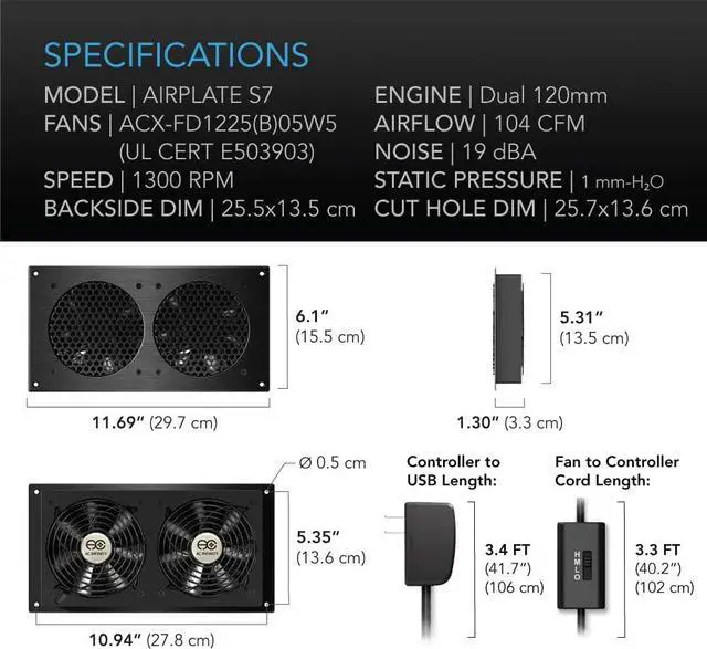 Alt view image 5 of 6 - AC Infinity AIRPLATE S7, Quiet Cooling Fan System 12" with Speed Control, for Home Theater AV Cabinets