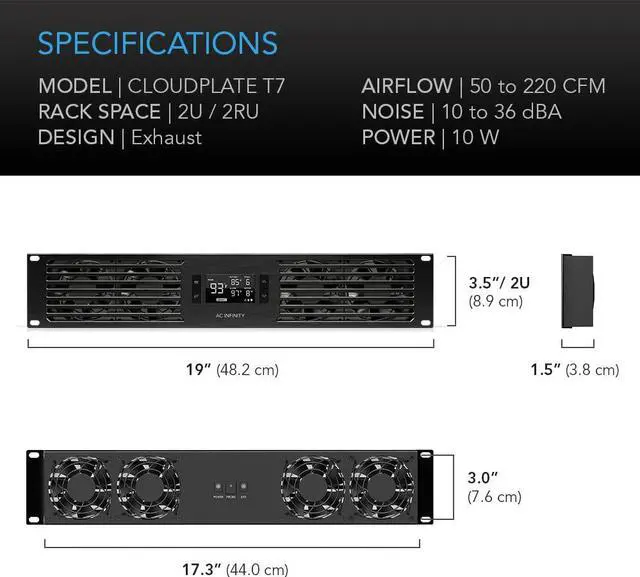 Alt view image 6 of 7 - AC Infinity CLOUDPLATE T7, Rack Mount Fan Panel 2U, Exhaust Airflow, for cooling AV, Home Theater, Network 19” Racks