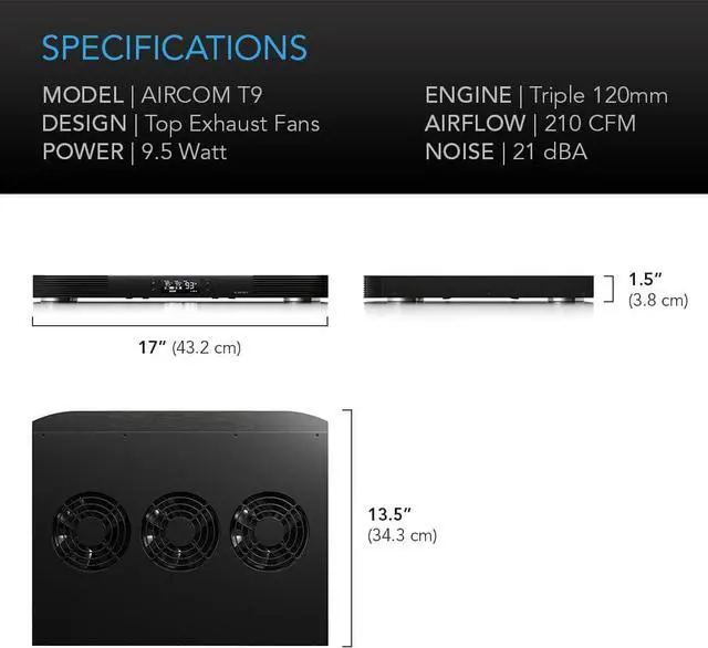 Alt view image 6 of 7 - AC Infinity AIRCOM T9, Quiet Cooling Fan System 17" Top-Exhaust for Receivers, Amps, DVR, AV Cabinet Components