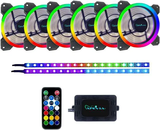 Main image of Apevia ST6P2-RGB Spectra 120mm Silent Dual Ring RGB Color Changing LED Fan with Remote Control, 16x LEDs & 8X Anti-Vibration Rubber Pads w/ 2 Magnetic LED Strips (6+2-pk)