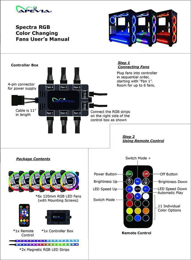 Alt view image 4 of 7 - Apevia ST6P2-RGB Spectra 120mm Silent Dual Ring RGB Color Changing LED Fan with Remote Control, 16x LEDs & 8X Anti-Vibration Rubber Pads w/ 2 Magnetic LED Strips (6+2-pk)