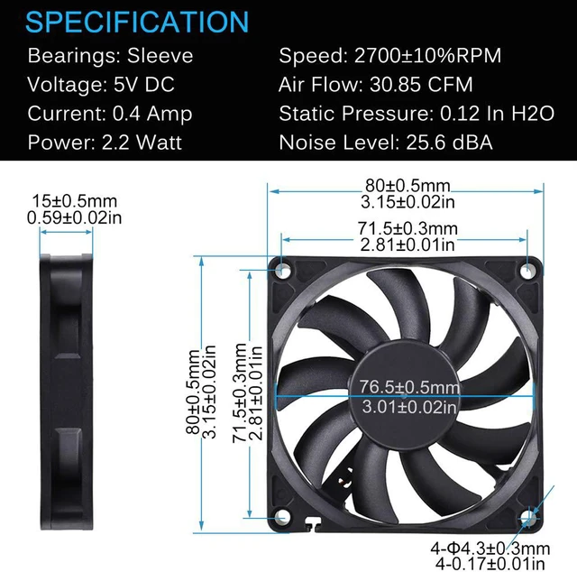 Alt view image 2 of 7 - Gdstime USB DC 5V Power 80mm 8cm 80x80x15mm Brushless Cooling Fan