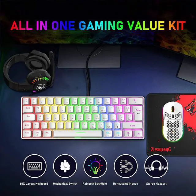 Alt view image 2 of 7 - Mechanical Gaming Keyboard Honeycomb Mouse RGB Headset with Rainbow Backlight Ergonomic 62Key Layout Anti-Ghosting Adjustable Mic 6400DPI Mice Type-C Wired for PC MAC Gamer Typist(White/Red Switch)