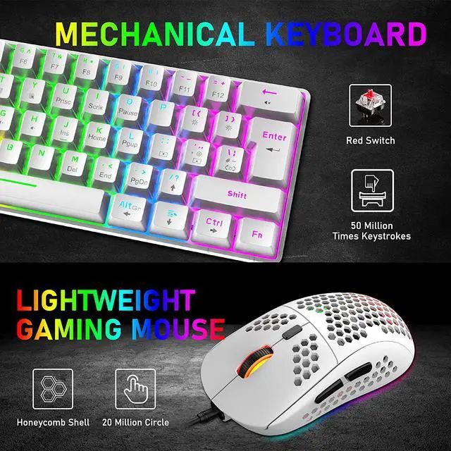 Alt view image 3 of 7 - Mechanical Gaming Keyboard Honeycomb Mouse RGB Headset with Rainbow Backlight Ergonomic 62Key Layout Anti-Ghosting Adjustable Mic 6400DPI Mice Type-C Wired for PC MAC Gamer Typist(White/Red Switch)