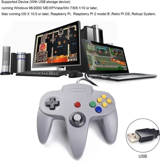 Alt view image 4 of 7 - suily 2 Pack USB Wired N64 Controller, Classic N64 PC Gamepad Joystick Controller for Windows PC MAC Linux Raspberry Pi 3 (Black/Gray)