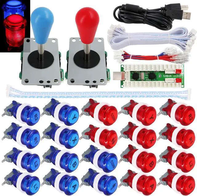 Main image of 2 Player Arcade Game Stick DIY Kit Buttons with Logo LED 8 Way Joystick USB Encoder Cable Controller for PC MAME Raspberry Pi Red Blue