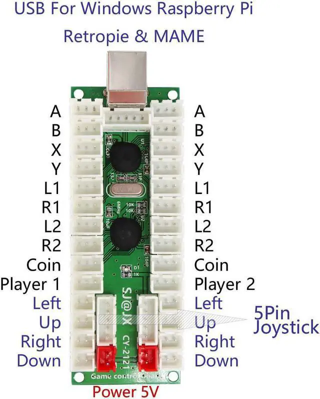 Alt view image 2 of 7 - 2 Player Arcade Game Stick DIY Kit Buttons with Logo LED 8 Way Joystick USB Encoder Cable Controller for PC MAME Raspberry Pi Red Blue