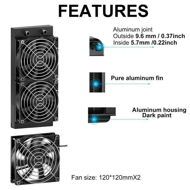 Alt view image 2 of 5 - Clyxgs Water Cooling Radiator, 12 Pipe Aluminum Heat Exchanger Radiator with Fan for PC CPU Computer Water Cool System DC12V 240mm Black