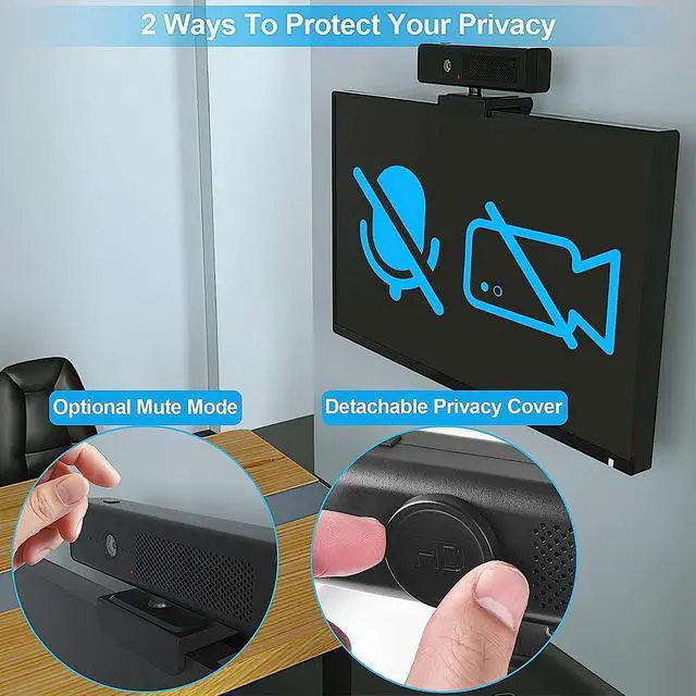 Alt view image 7 of 7 - Full HD 1080P Computer Camera with 4 Built-in Omnidirectional Microphones and Speaker for Video Conference Streaming, USB External Webcam with Magnetic Privacy Cover for Desktop Monitor Laptop