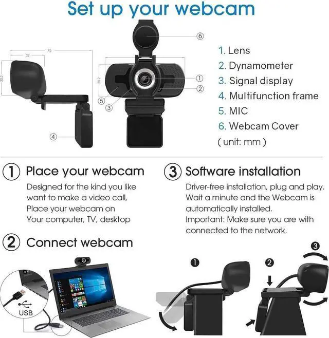 Alt view image 3 of 7 - Webcam with Microphone with Privacy Cover,1080P Full HD Web Camera with Wide View for Live Broadcast,PC Laptop Desktop USB Webcams Computer Video Camera for USB Video Calling Recording Conferencing