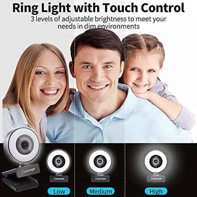 Alt view image 2 of 7 - 1080P 60FPS Streaming Webcam with Ring Light, Fast AutoFocus, 2021 Cleareye USB 1080P Web Camera, Dual Stereo Microphone, for Zoom Meeting Skype Teams