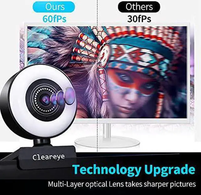 Alt view image 4 of 7 - 1080P 60FPS Streaming Webcam with Ring Light, Fast AutoFocus, 2021 Cleareye USB 1080P Web Camera, Dual Stereo Microphone, for Zoom Meeting Skype Teams