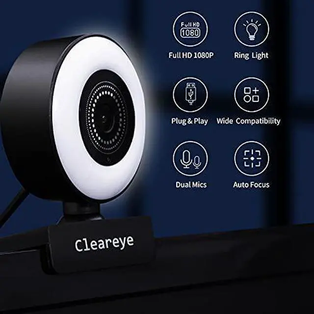 Alt view image 7 of 7 - 1080P 60FPS Streaming Webcam with Ring Light, Fast AutoFocus, 2021 Cleareye USB 1080P Web Camera, Dual Stereo Microphone, for Zoom Meeting Skype Teams