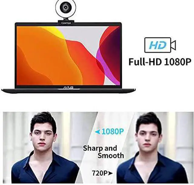 Alt view image 6 of 7 - 1080P 60FPS Streaming Webcam with Ring Light, Fast AutoFocus, 2021 Cleareye USB 1080P Web Camera, Dual Stereo Microphone, for Zoom Meeting Skype Teams