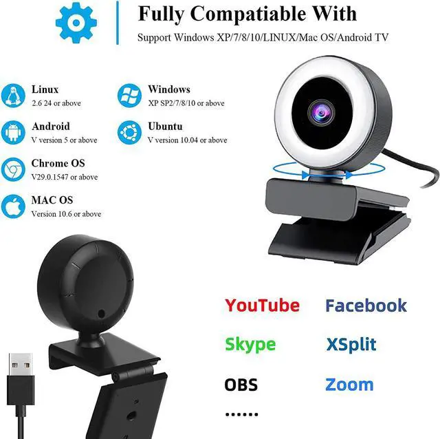 Alt view image 6 of 7 - Aibesy 1080P Full HD Webcam AF Web Camera Built in Adjustable Ring Light Auto Focus Microphone USB Computer Camera Plug and Play for PC Desktop Laptop Video Calling Conferencing Live