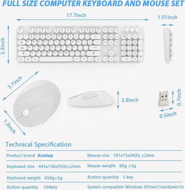 Alt view image 3 of 7 - Wireless Keyboard Mouse Combo, 104 Keys Cute Colorful Keyboard with Number Pad & Mouse for Windows, Computer, PC, Notebook, Laptop (White)