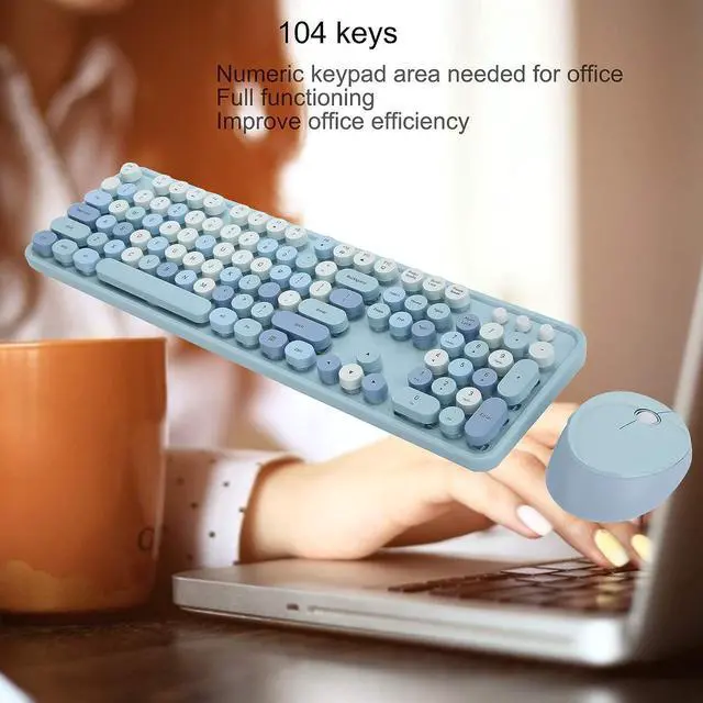 Alt view image 2 of 7 - 2.4GHz Wireless Keyboard and Mouse, with USB Drive Plug and Play, Ergonomic Design, Retro Typewriter Style, 104 Key Keyboard Mouse Set for Laptop, PC, Computer(Blue Colorful)