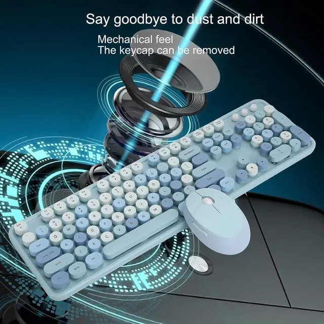 Alt view image 4 of 7 - 2.4GHz Wireless Keyboard and Mouse, with USB Drive Plug and Play, Ergonomic Design, Retro Typewriter Style, 104 Key Keyboard Mouse Set for Laptop, PC, Computer(Blue Colorful)